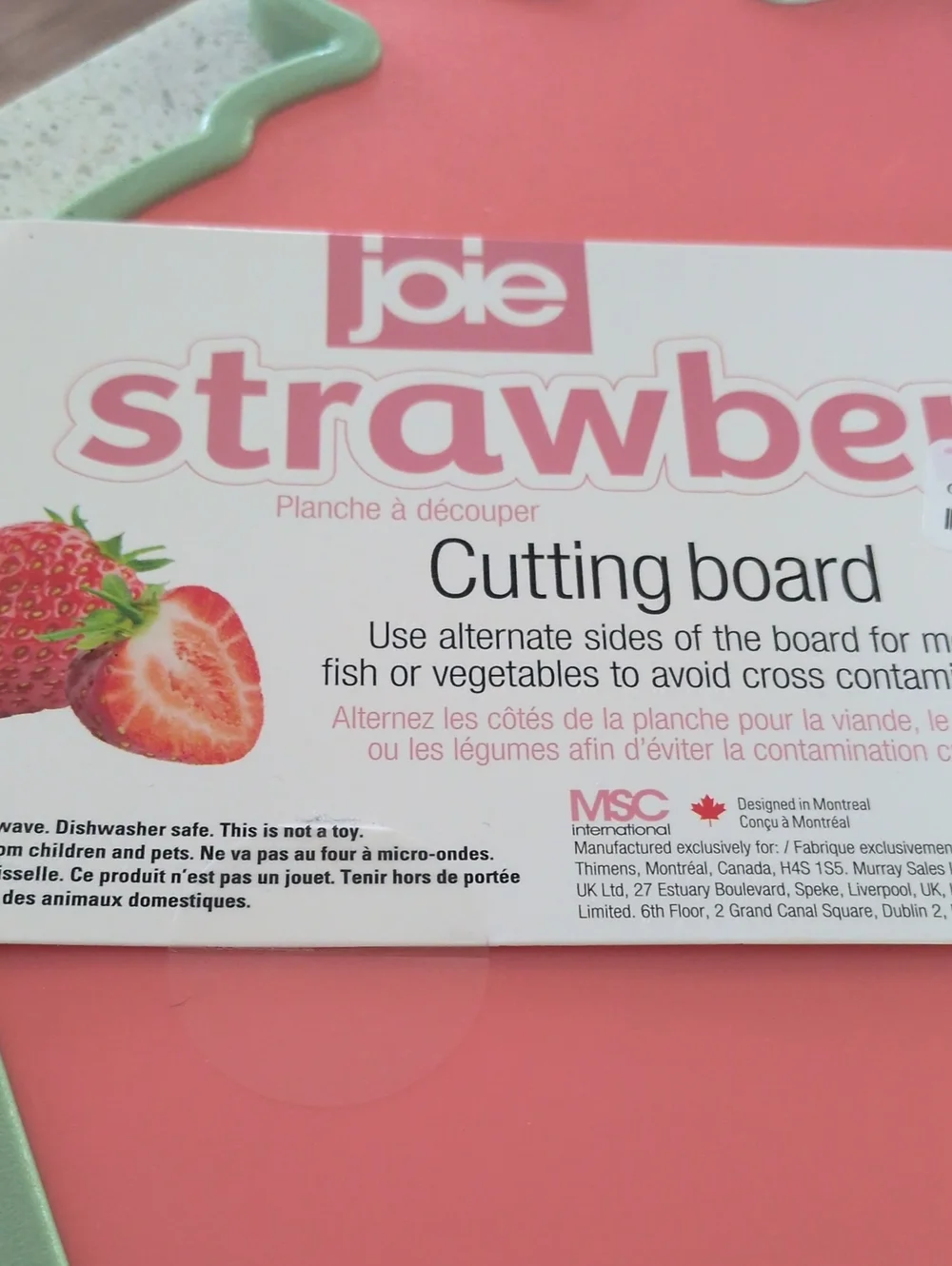 Joie Strawberry-Shaped Cutting Board in Pink with Mint Trim New